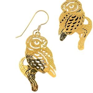 Vintage Wild Bryde 14k gold plated shiny lasercut perforated owl drop earrings